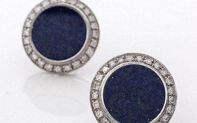 A PAIR OF LAPIS LAZULI AND DIAMOND EAR CLIPS, UWE