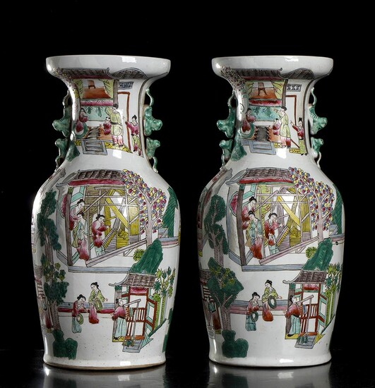 A PAIR OF POLYCHROME PORCELAIN BALUSTER VASES China, 20th...