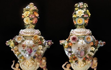 A Pair Of 19th C. German Meissen Hand-Painted Porcelain Figural Potpourri Urns/Vases, Hallmarked