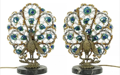 A Pair of Art Deco Czech Glass Peacock Lamps.