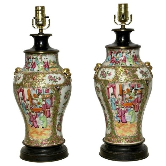A Pair of Chinese Porcelain Lamps, Rose Medallion