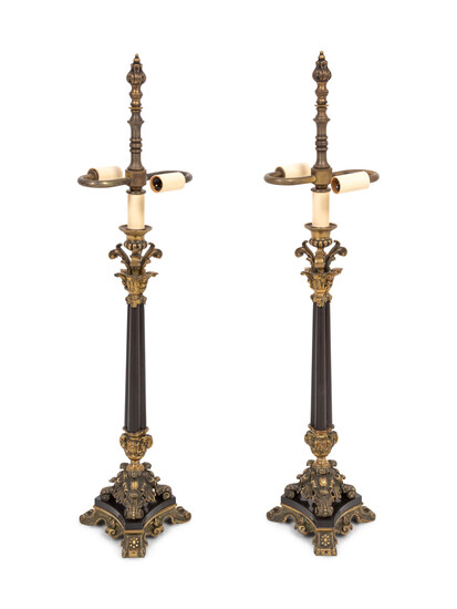 A Pair of Empire Style Gilt and Patinated Bronze Candelabra Mounted as Lamps
