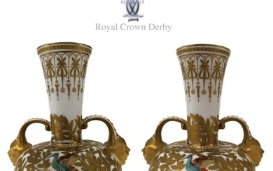 A Pair of Royal Crown Derby Hand Painted Vases, 19th C.