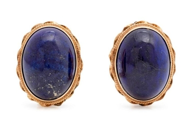A Pair of Yellow Gold and Lapis Lazuli Earclips