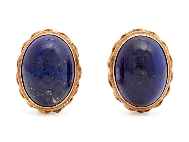 A Pair of Yellow Gold and Lapis Lazuli Earclips