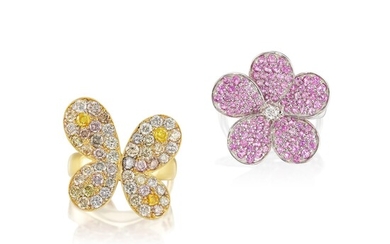 A Pink Sapphire and Diamond 'Flower' Ring, and A Coloured Diamond and Diamond 'Butterfly' Ring