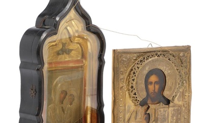 A Russian icon with depiction of Jesus Pantocrator. Tempera on wooden panel,...