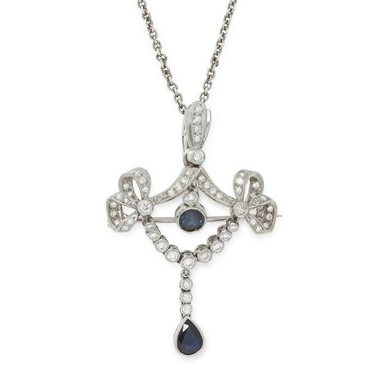 A SAPPHIRE AND DIAMOND BROOCH / PENDANT AND CHAIN in