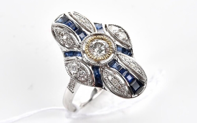 A SAPPHIRE AND DIAMOND PLAQUE RING, WITH MILLEGRAIN DESIGN, IN 18CT WHITE GOLD, SIZE N - O, 5.6GMS