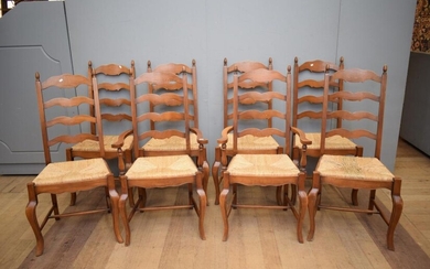 A SET OF EIGHT LADDERBACK DINING CHAIRS WITH RUSH SEATING (111H x 60W x 47D CM) (LEONARD JOEL DELIVERY SIZE: LARGE)