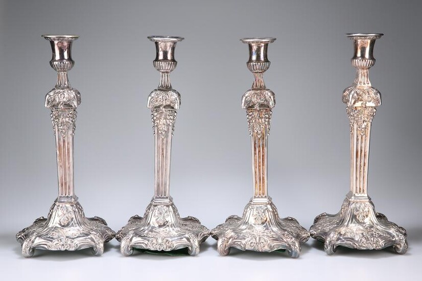 A SET OF FOUR OLD SHEFFIELD PLATE CANDLESTICKS, CIRCA