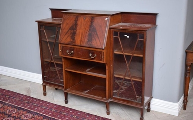 A SHERATON REVIVAL BUREAU IN MAHOGANY WITH CLEAR GLASS DOORS (A/F) (KEY IN OFFICE)