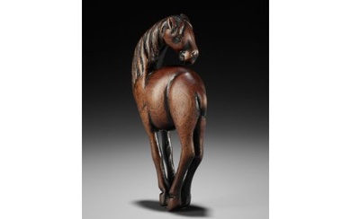 A SUPERB AND LARGE WOOD NETSUKE OF A HORSE