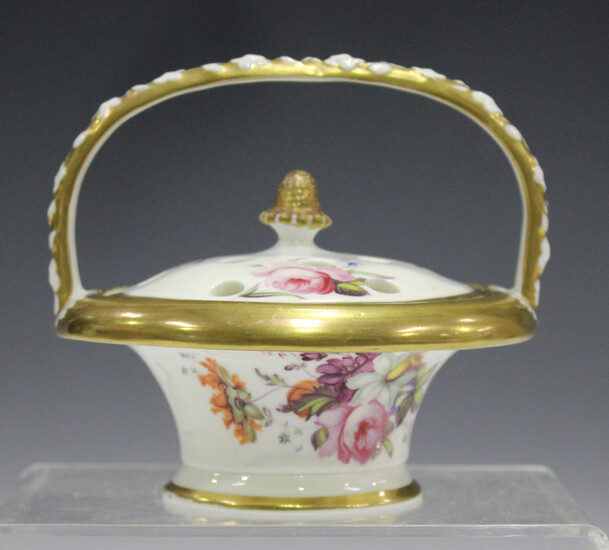 A Spode potpourri basket and pierced cover, circa 1820, the flared circular body painted with floral
