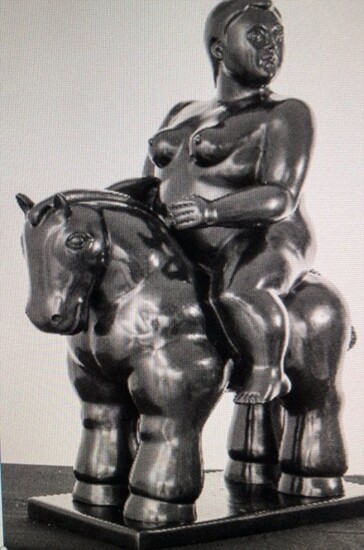 A VERY LARGE BOTERO BRONZE OP WOMAN ON HORSE 33” H.