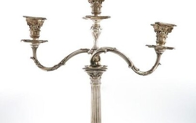 A Victorian electroplated three-light candelabrum, by H and L, Corinthian column form, beaded borders, pierced capitals, leaf capped scroll arms, one arm solder repaired, on a raised stepped square base, height 54.5cm.