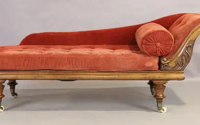 A Victorian mahogany chaise longue, third quarter 19th century, on turned legs...