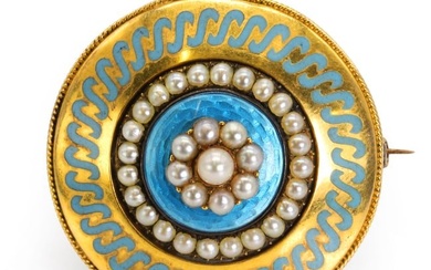 A Victorian seed pearl and enamel memorial brooch