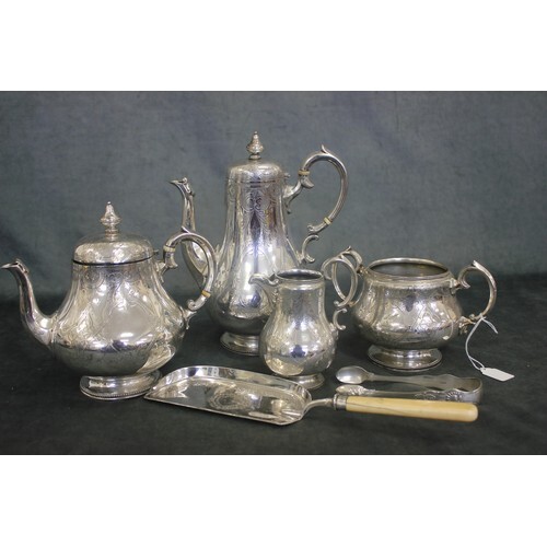 A Victorian silver-plated tea and coffee set, a pair of suga...