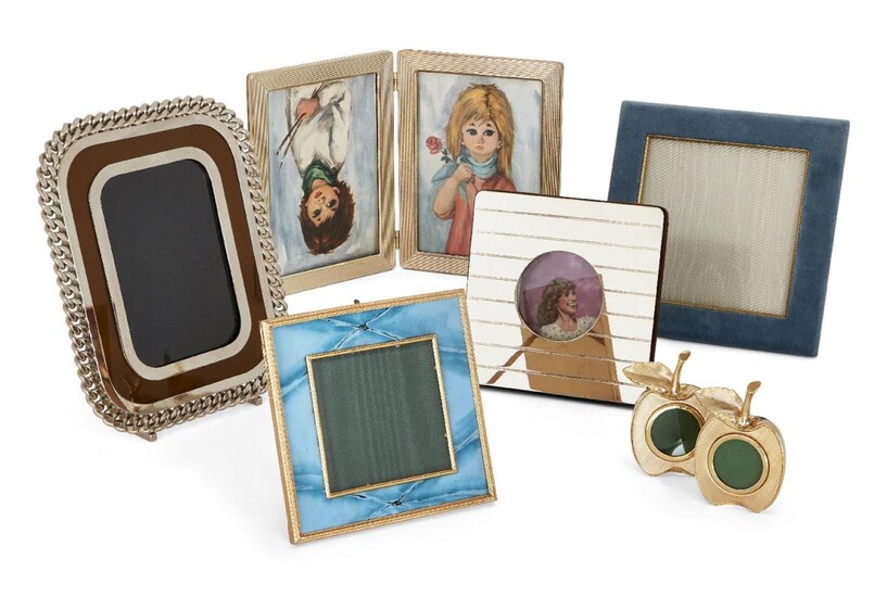 A blue enamel and gilt metal photo frame, together with a further five variously designed photo frames and a pair of small gilt metal frames designed as two halves of an apple (7)
