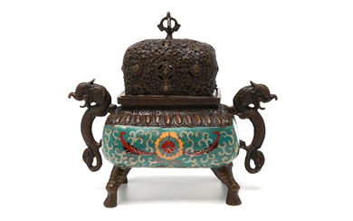 A brass cloisonne' incense burner decorated with scrolling lotus and mythical beast at handles