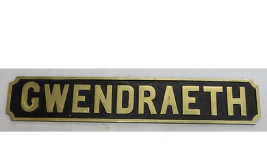 A cast iron and brass railway locomotive name plate "Gwendae...