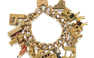 A charm bracelet, the late 19th / early 20th century partially engraved gold curb link bracelet suspending mostly 9ct gold charms, including: a grand piano; Tower Bridge; Big Ben; the Coronation carriage and H.M. the Queen on horseback, to a...