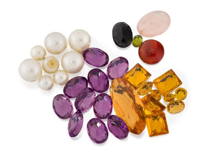 A collection of loose gems, cultured pearls and pastes, comprising: an oval peridot; three oval citrines; an oval cabochon rose quartz; an oval black onyx; a circular cabochon cornelian; twelve drilled cultured pearls of various sizes ranging from...