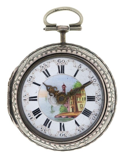 A continental silver repousse pair cased pocket watch, by Samson London, the circular white enamel dial centring on a lake land scene applied with Romans numerals and Arabic minutes with Louis XIV hands, approximate diameter 4cm, key wind gilt...