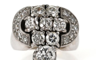 A diamond ring set with numerous single and brilliant-cut diamonds, mounted in...