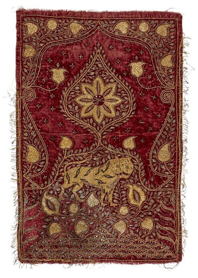 A gilt metal thread embroidered red velvet textile with tiger,...