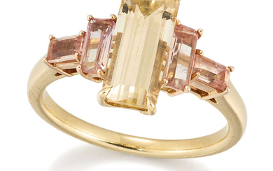 A gold five stone topaz ring, the central step-cut yellow...