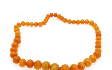 A graduated amber necklace set with numerous polished amber beads of milky amber. Pearl diam. 18–31 mm. L. 86 cm. Weight app. 239 g.