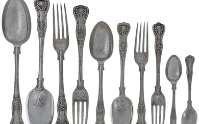 A group of Edwardian silver King's pattern flatware for 12, by Josiah Williams & Co., comprising: 12 table forks and 12 dessert forks, London, 1907; 12 dessert spoons (London, 1906 and 1907) and 12 table spoons (London, 1905, 1907 and 1910)...