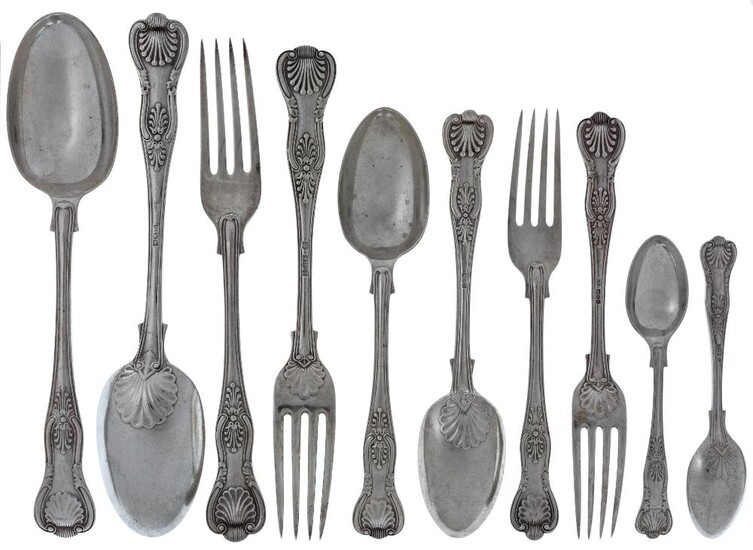 A group of Edwardian silver King's pattern flatware for 12, by Josiah Williams & Co., comprising: 12 table forks and 12 dessert forks, London, 1907; 12 dessert spoons (London, 1906 and 1907) and 12 table spoons (London, 1905, 1907 and 1910)...