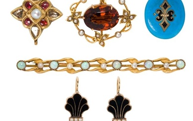 A group of enamel, gemstone and gold jewelry