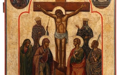 A large Russian icon, a monumental wooden icon depicting the Crucifixion. Tempera on wooden board. 19th century. 69×51 cm.
