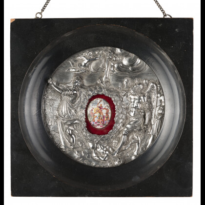 A late 18th-century silver plaque (d. cm 13,5) containing a small enamelled copper plaque representing the Flagellation of Christ (defects)