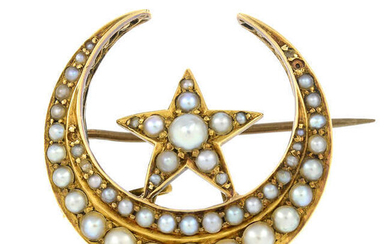 A late 19th century gold split pearl crescent and star brooch.
