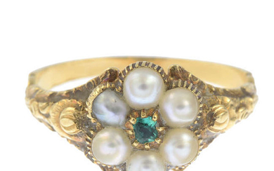 A mid 19th century gold emerald and split pearl cluster ring.