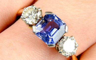 A mid 20th century 18ct gold and platinum, sapphire and brilliant-cut diamond three-stone ring.