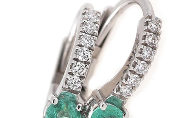 A pair emerald ear pendants each set with a circualr-cut emerald weighign...