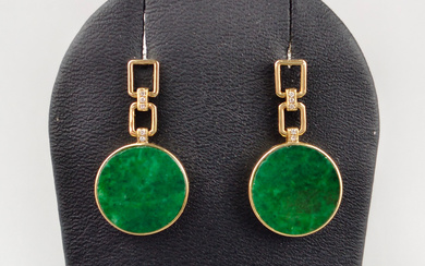 A pair of 18K jade earrings with diamonds.