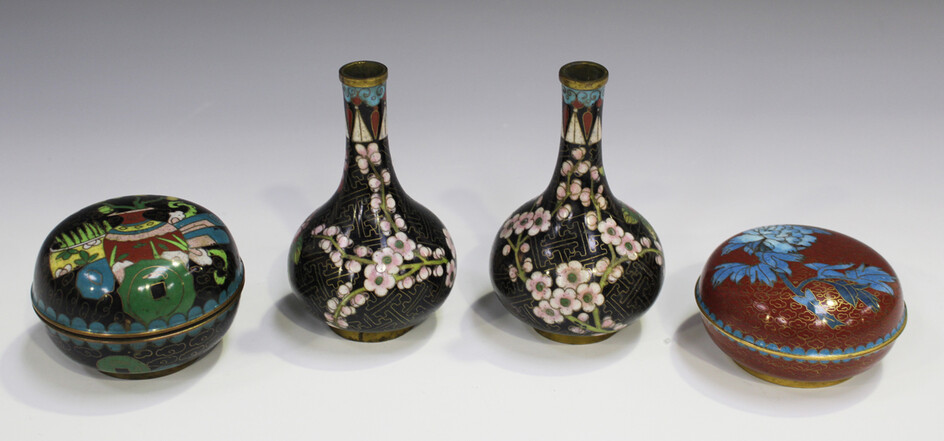 A pair of Chinese cloisonné bottle vases, early 20th century, each decorated with blossoming br