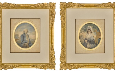 A pair of George III pendant portraits in painted and embroidered silk, late 18th century