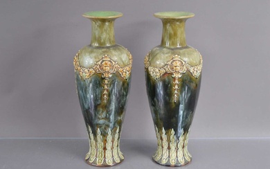 A pair of Royal Doulton Lambethware green glazed Art Nouveau stoneware vases circa 1900