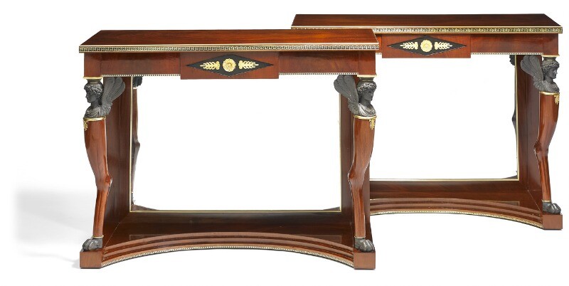 A pair of Russian Neoclassical style mahogany and gilt bronze mounted consoles. H. 83 cm. W. 110 cm. D. 48 cm. (2)