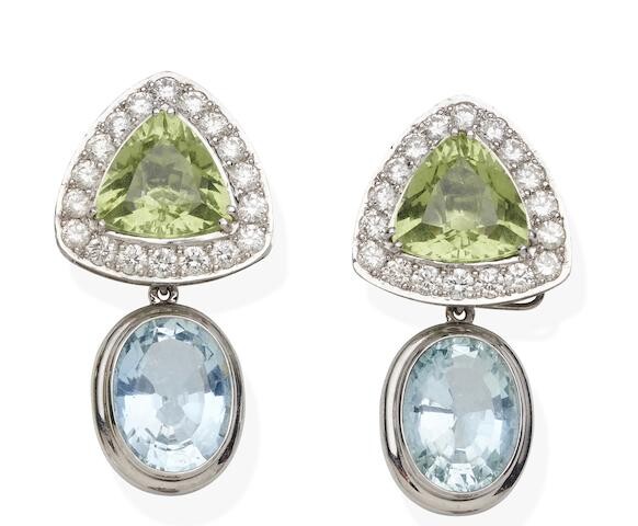 A pair of aquamarine and diamond earrings, together with a pair of aquamarine pendants and a pair of cultured pearl and diamond pendants