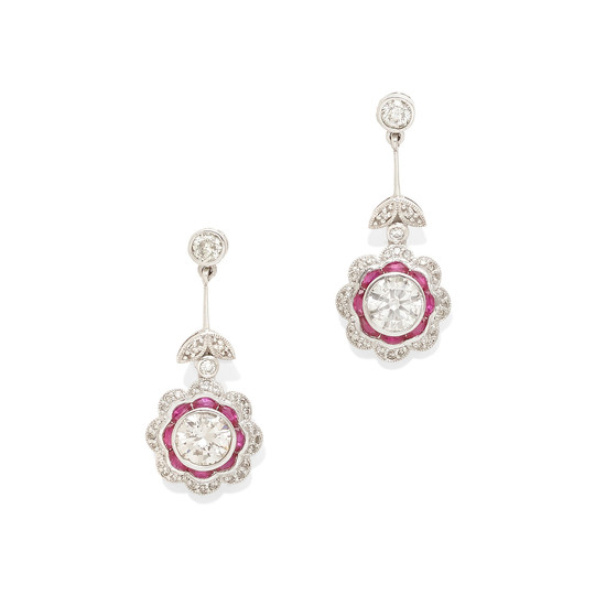 A pair of diamond and ruby ear pendants