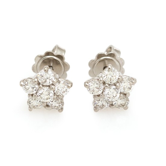 A pair of diamond ear studs each set with five brilliant-cut diamonds totalling app. 1.32 ct., mounted in 18k white gold. (2)